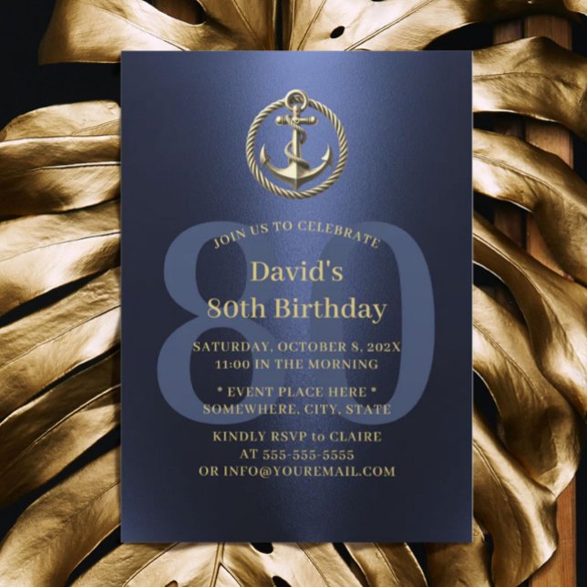 Invitación Nautical Boat Anchor Navy Oro 80 cumpleaños (Subido por el creador)