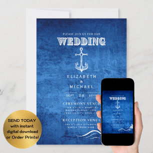 Invitación Nautical Boda Blue White Anchor Digital