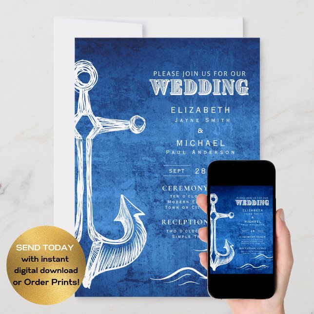Invitación Nautical Boda Blue White Anchor Digital (Subido por el creador)
