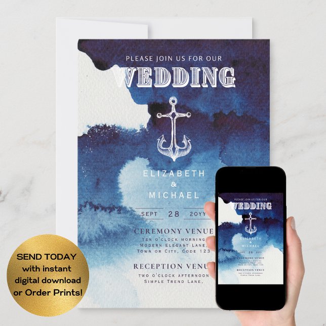 Invitación Nautical Boda Blue White Anchor Digital (Subido por el creador)