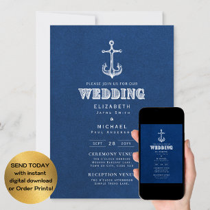 Invitación Nautical Boda Blue White Anchor Digital