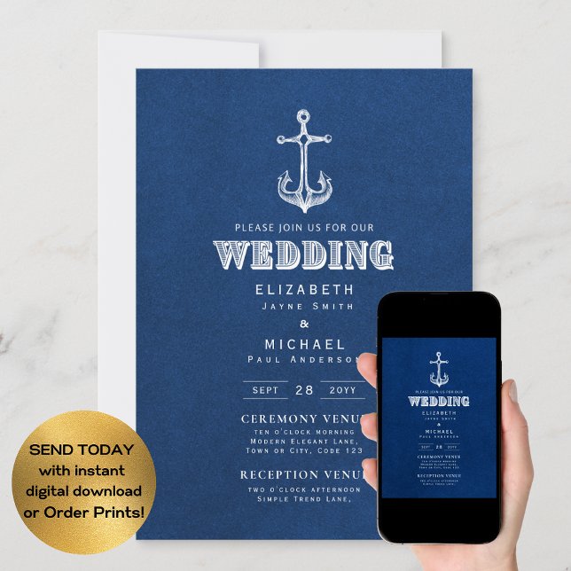 Invitación Nautical Boda Blue White Anchor Digital (Subido por el creador)