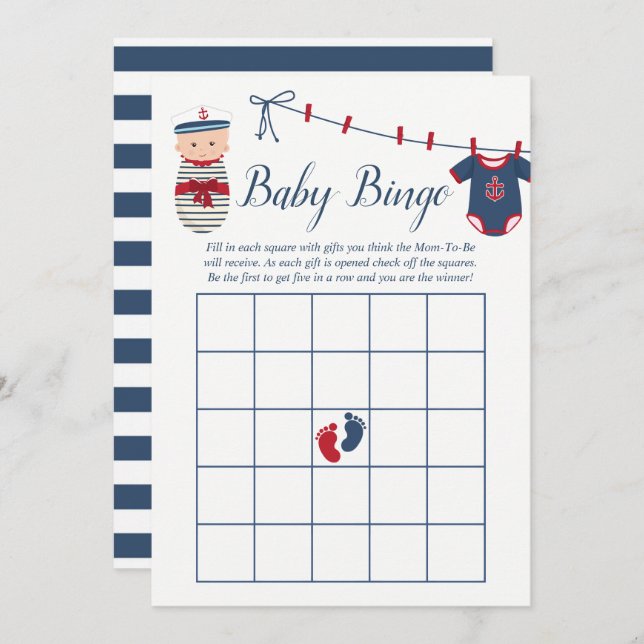 Invitación Nautical Boy Baby Shower Baby Bingo (Anverso / Reverso)