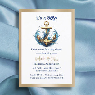 Invitación Nautical Boy Modern Gold Anchor Baby Shower