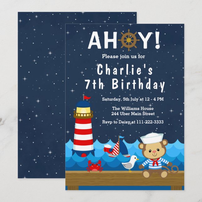 Invitación Nautical Boy Monkey Partido de Cumpleaños de la Ma (Anverso / Reverso)
