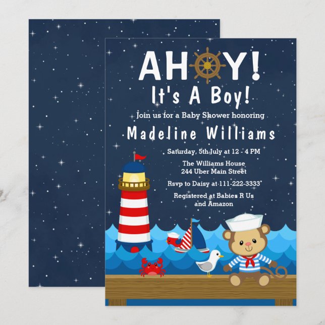 Invitación Nautical Boy Monkey Red y Baby Shower de la Marina (Anverso / Reverso)