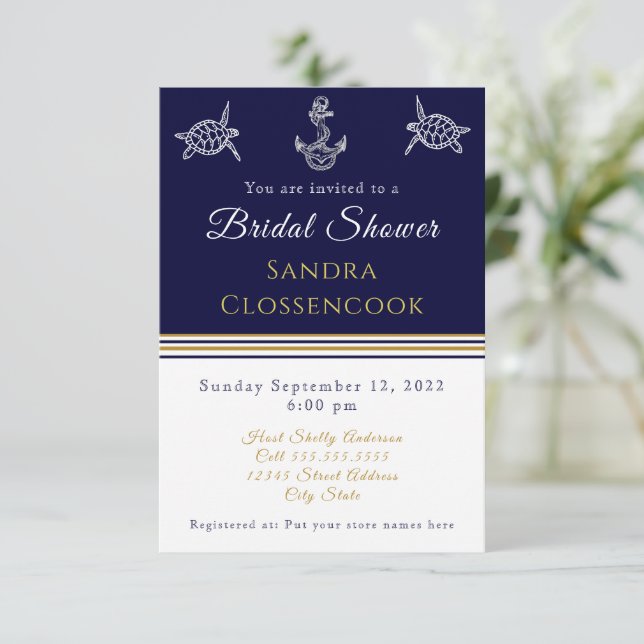 Invitación Nautical Bridal Shower Nave Blue Turtles Anchor (Anverso de pie)