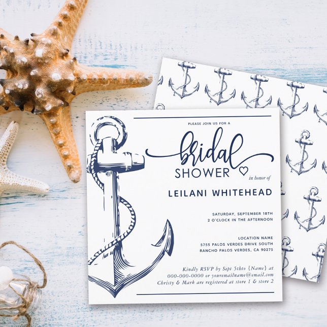 Invitación Nautical Bridal Shower Navy Anchor White (Subido por el creador)