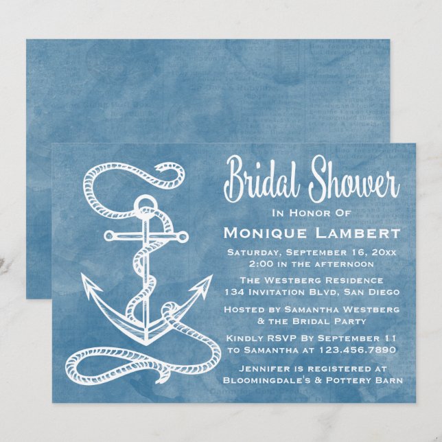 Invitación Nautical Bridal Shower Ship Anchor azul acuarela (Anverso / Reverso)