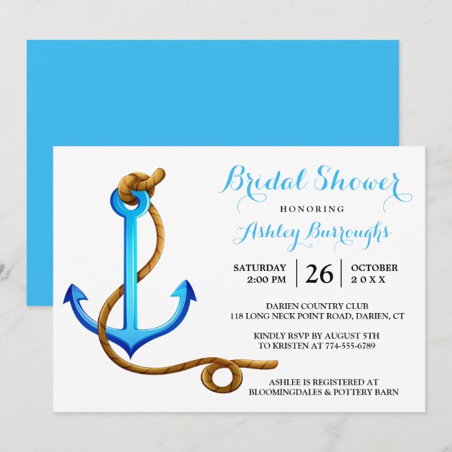 Invitación Nautical Bridal Shower Ship Anchor azul turquesa (Anverso / Reverso)