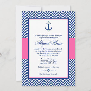Invitación Nautical Chevron Anchor Blue Pink Bat Mitzvah
