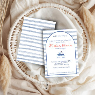 Invitación Nautical Coastal Blue Boat Stripe Baby Boy Aqiqah