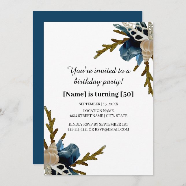 Invitación Nautical Elegant Cumpleaños de Flor Iris Costera (Anverso / Reverso)