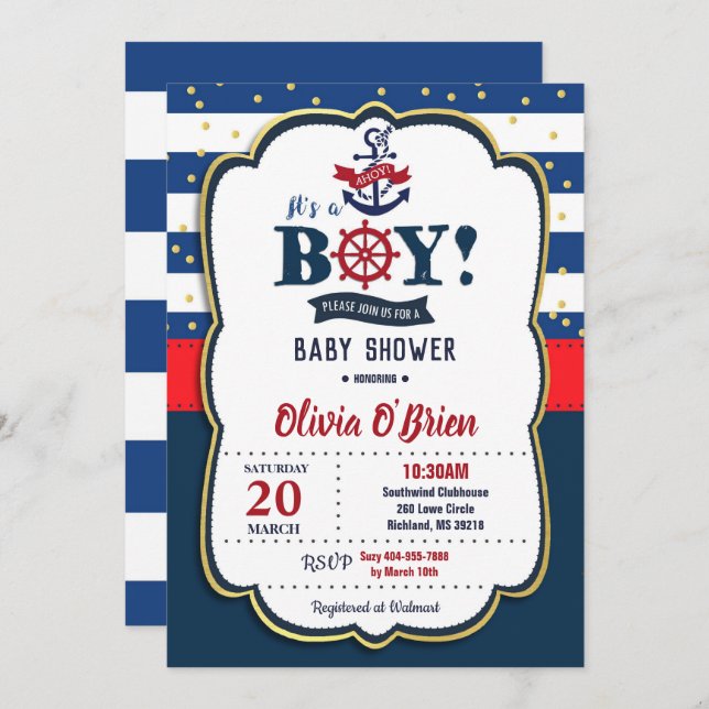 Invitación Nautical es un niño rojo y azul de la marina Baby  (Anverso / Reverso)