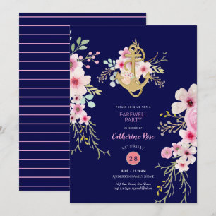 Invitación Nautical Farewell invita a floral rosa azul de la