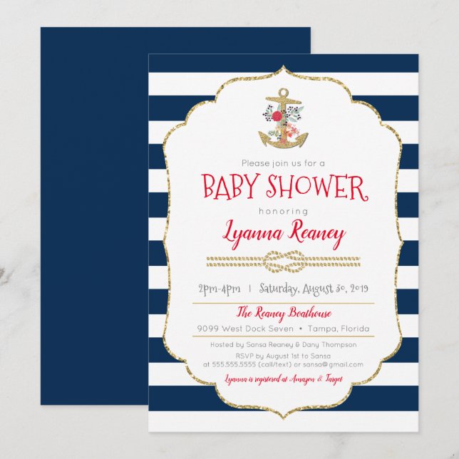 Invitación Nautical Floral Anchor Naval Baby Shower Rojo Azul (Anverso / Reverso)