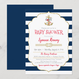 Invitación Nautical Floral Anchor Naval Baby Shower Rojo Azul