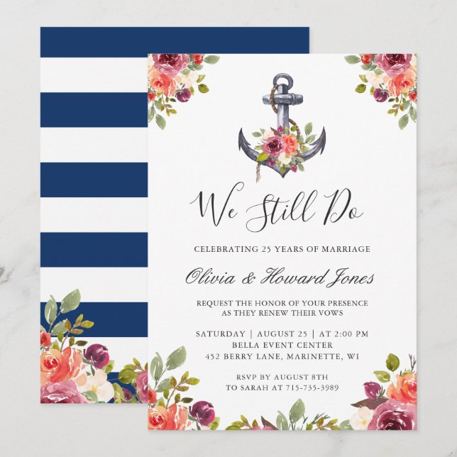 Invitación Nautical Floral Anchor Seguimos Jurando Renovación (Anverso / Reverso)