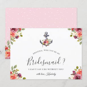 Invitación Nautical Floral Anchor será mi dama de honor