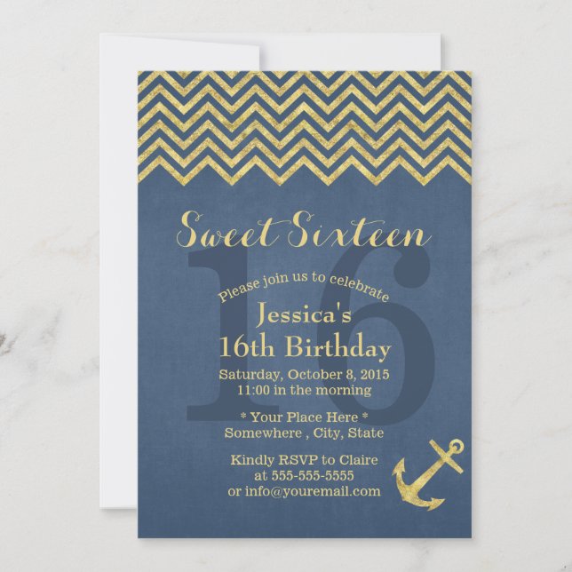 Invitación Nautical Gold Anchor Chevron Stripes Sweet 16 (Anverso)