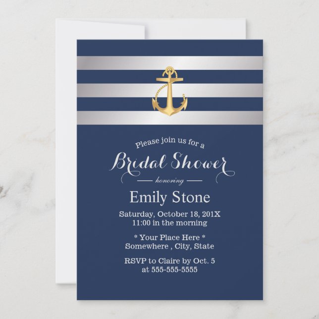 Invitación Nautical Gold Anchor Naval Blue Bridal Shower (Anverso)