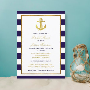 Invitación Nautical Gold Anchor Naval Stripe Bridal Shower