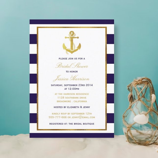 Invitación Nautical Gold Anchor Naval Stripe Bridal Shower (Subido por el creador)