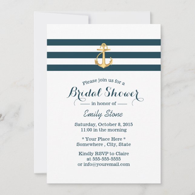 Invitación Nautical Gold Anchor Naval Stripes Bridal Shower (Anverso)
