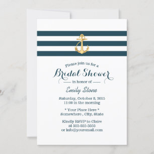 Invitación Nautical Gold Anchor Naval Stripes Bridal Shower