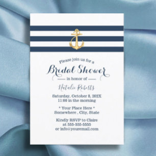Invitación Nautical Gold Anchor Naval Stripes Bridal Shower