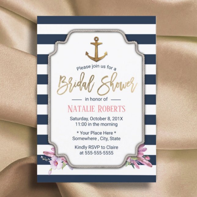 Invitación Nautical Gold Anchor Naval Stripes Bridal Shower (Subido por el creador)