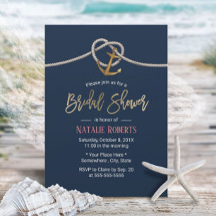 Invitación Nautical Gold Anchor Rope Marina Blue Bridal Showe