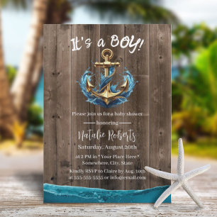 Invitación Nautical Gold Anchor Vintage Wood Boy Baby Shower