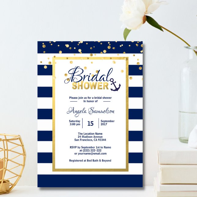 Invitación Nautical Gold Navy Blue Stripes Bridal Shower (Subido por el creador)