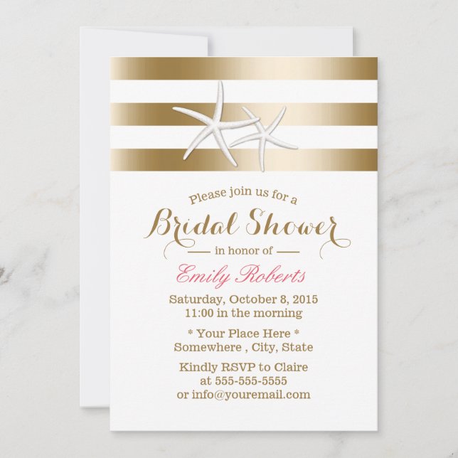 Invitación Nautical Gold Stripes Starfish Bridal Shower (Anverso)