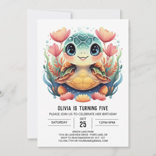 Invitación Nautical Happy Turtle Chica Cumpleaños (Anverso)