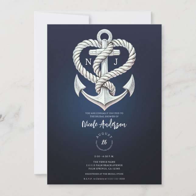 Invitación Nautical Heart Rope Anchor Bridal de la Marina Cos (Anverso)