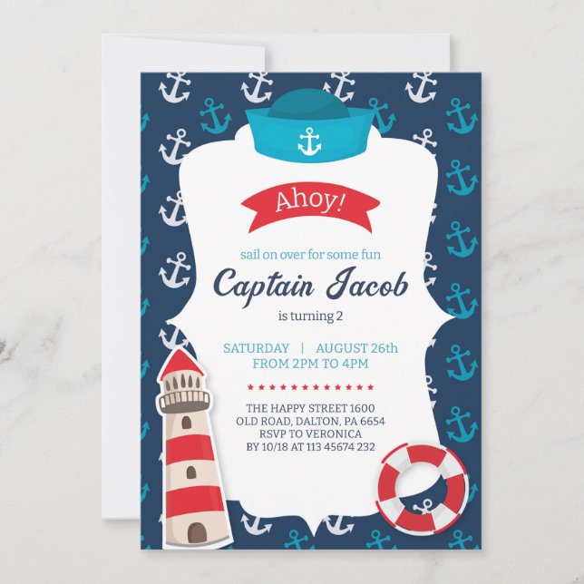 Invitación Nautical Invitation for Birthday Party Ahoy! Blue (Anverso)