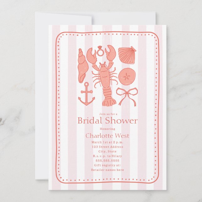 Invitación Nautical Lobster Shelter Pink Bow Bridal Shower (Anverso)