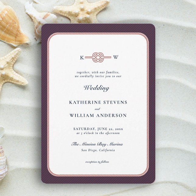 Invitación Nautical Love Knot Elegant Boda de la Marina de Bo (simple beach wedding invitation nautical rope infinity knot navy burgundy modern classic traditional)