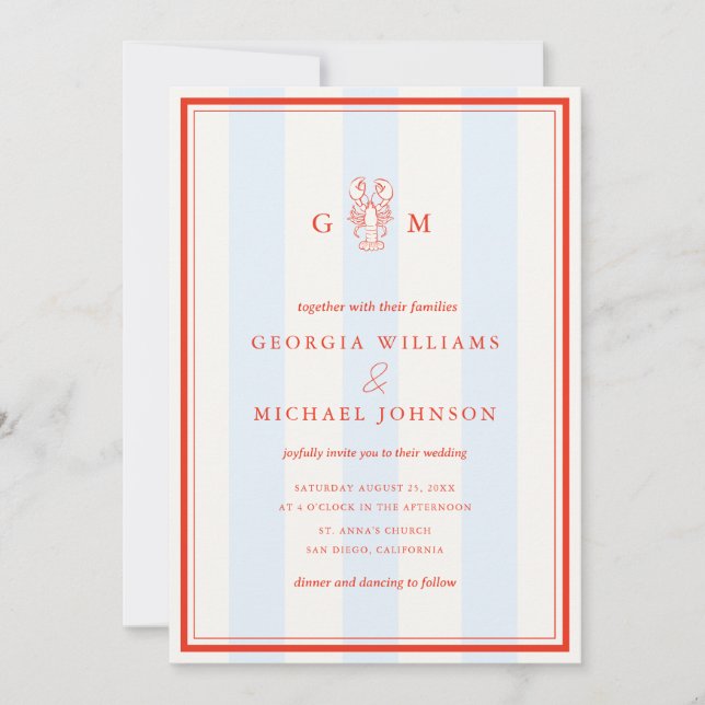 Invitación Nautical Monogram Red Blue Lobster Coastal Wedding (Anverso)