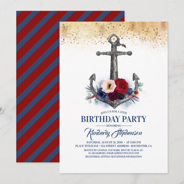 Invitación Nautical Nautical Anchor, Anclaje floral Azul de B (Anverso / Reverso)