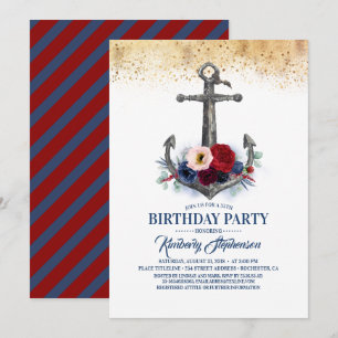Invitación Nautical Nautical Anchor, Anclaje floral Azul de B