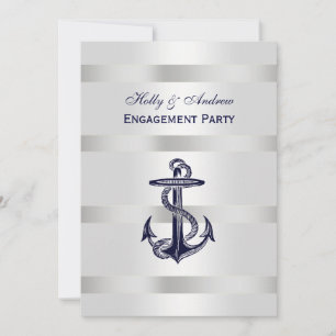 Invitación Nautical Navy Azul Ancla Plata Wt BG V Compromiso