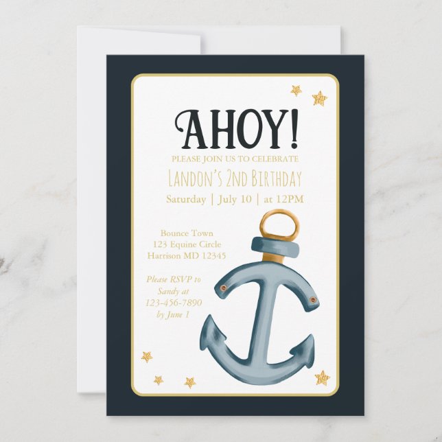Invitación Nautical Navy Blue Ahoy Cumpleaños (Anverso)