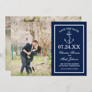 Invitación Nautical Navy Blue Anchor 2 Photo Save the Date