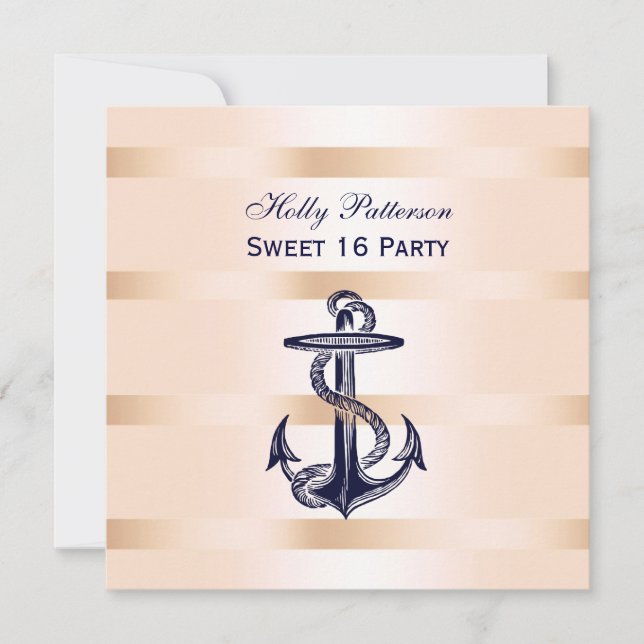 Invitación Nautical Navy Blue Anchor Baby Pink BG SQ Sweet 16 (Anverso)