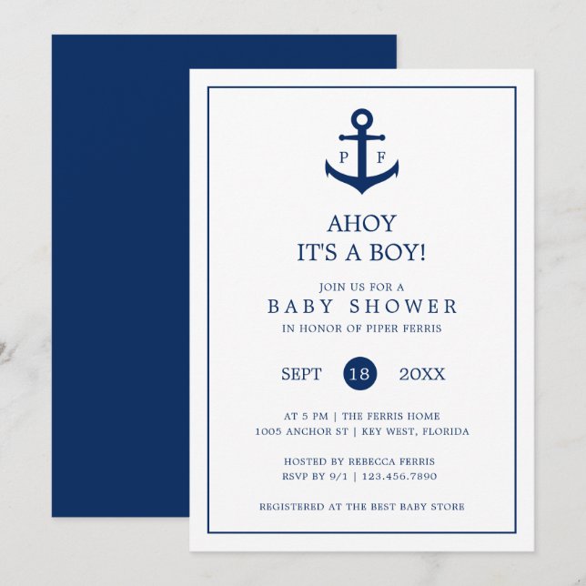 Invitación Nautical Navy Blue Anchor Monograma Boy Baby Showe (Anverso / Reverso)