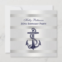 Nautical Navy Blue Anchor Silver Wt BG SQ Cumpleañ