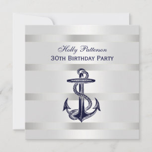 Invitación Nautical Navy Blue Anchor Silver Wt BG SQ Cumpleañ